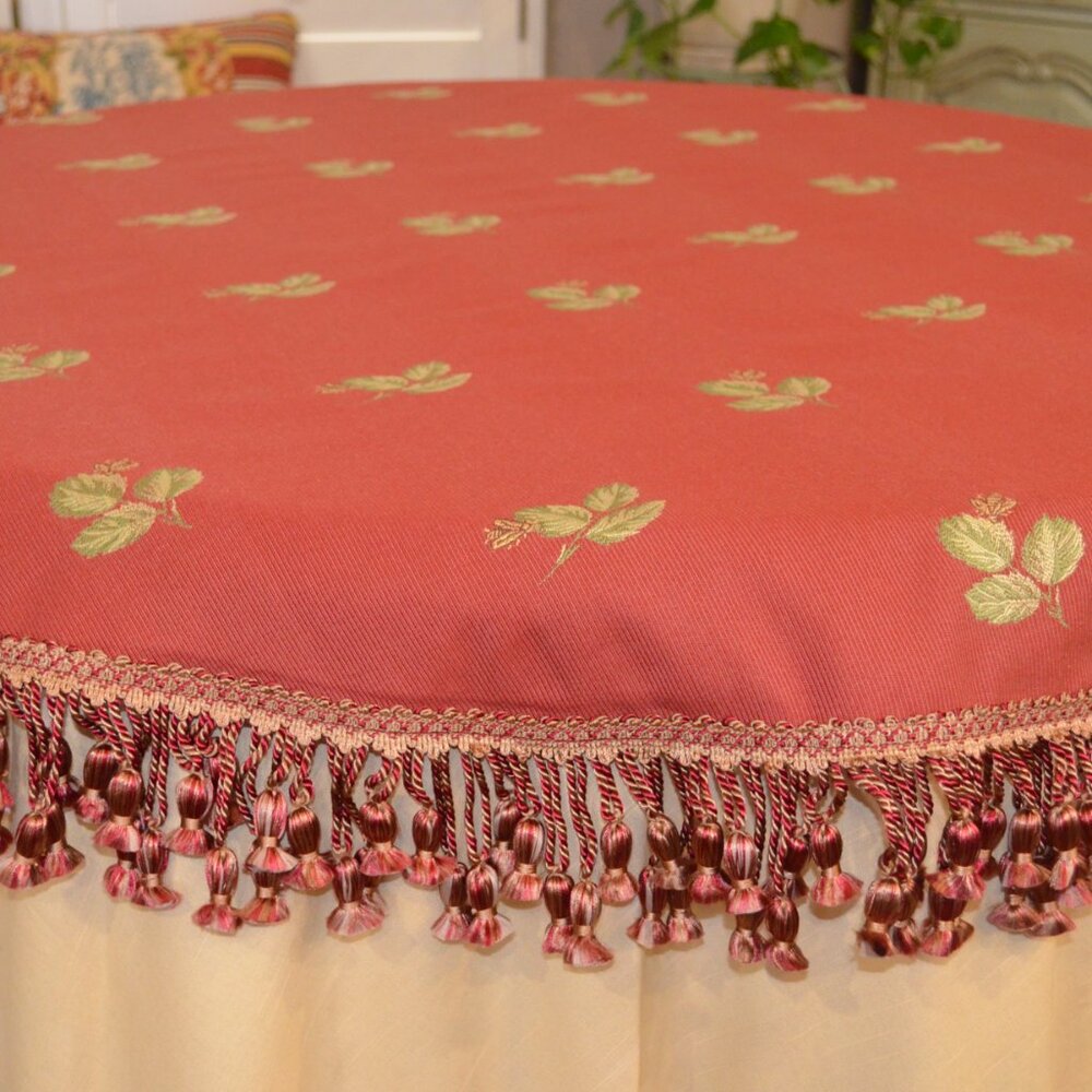 French Country Table Cover, Lined, 53 Inches Diameter, Rare Fabric and Trim, New - Picture 2 of 11